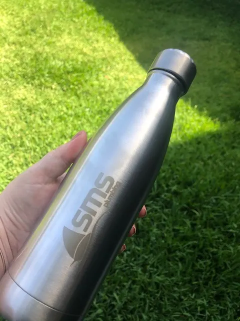 sms water bottle on hand